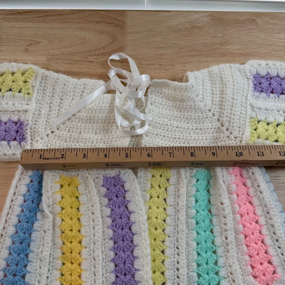 Cardigan Baby Girl Multicolor Crochet‎ Tie Waist Cozy  Sweater & Cap Bonnet VTG